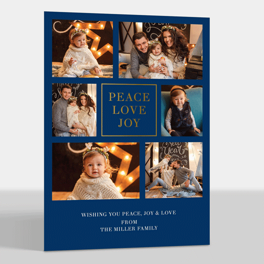 Navy Peace Love Joy Gold Foil Holiday Photo Cards